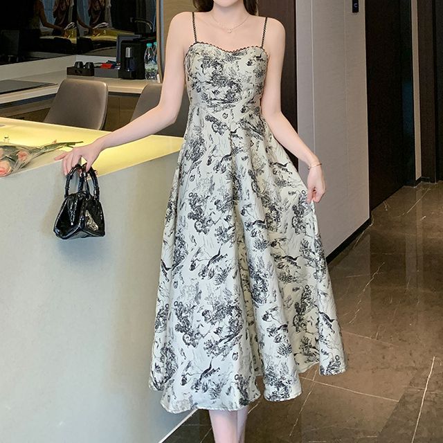 Fioridi - Spaghetti Strap Sweetheart Neckline Print Midi A-Line Dress |  YesStyle