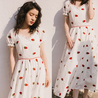 Alberlino - Short-Sleeve Fruit Embroidery A-Line Midi Dress | YesStyle Alberlino - Short-Sleeve Fruit Embroidery A-Line Midi Dress | YesStyle