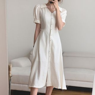 Leoom - Collared Puff-Sleeve Midi A-Line Dress | YesStyle