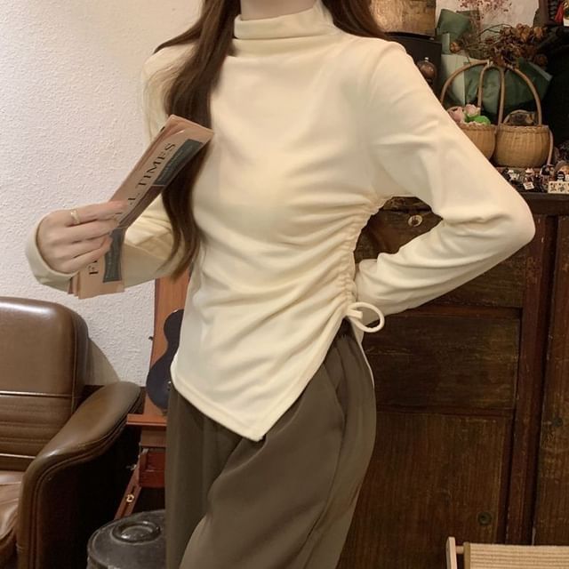 Sisyphi-Long-Sleeve Mock Neck Asymmetrical Plain Top