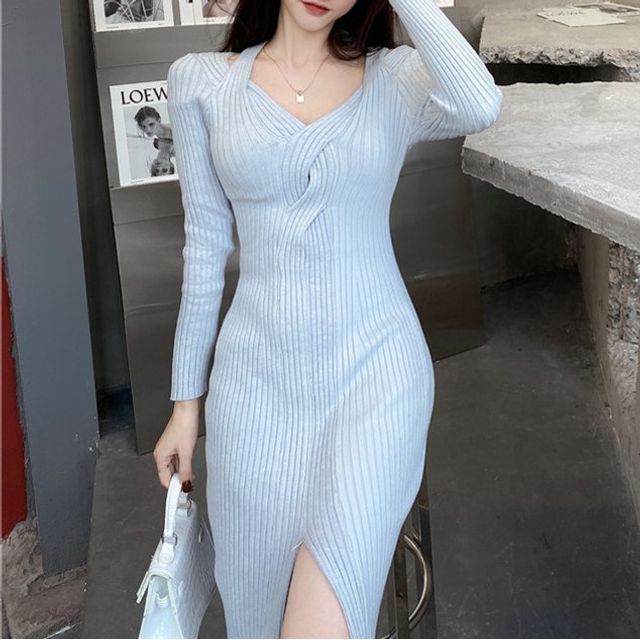 Rerise - Long-Sleeve Striped Midi Sheath Knit Dress | YesStyle Rerise - Long-Sleeve Striped Midi Sheath Knit Dress | YesStyle
