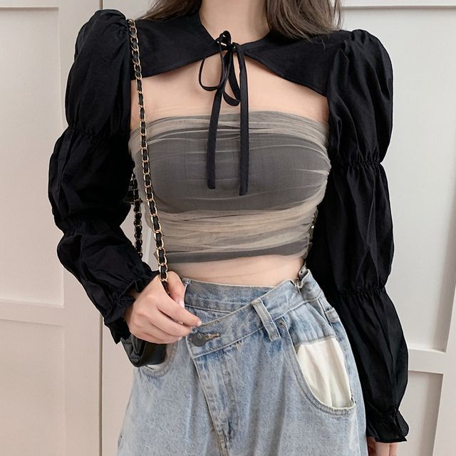 Melon Juice - Puff-Sleeve Cropped Top / Mesh Strapless Cropped Top ...