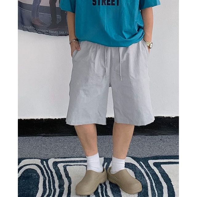 SeoulPop-Drawstring Waist Plain Cargo Shorts