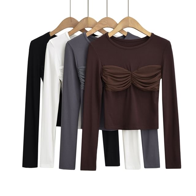 Ulark-Long Sleeve Round Neck Plain Ruched Panel Top