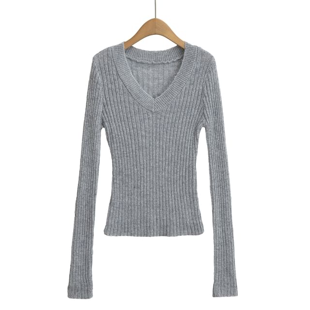 Ulark-Long Sleeve V-Neck Plain Ribbed Knitted Cropped Sweater