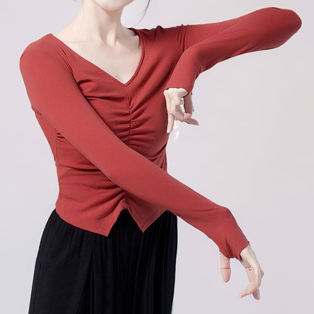 Cossita-Long Sleeve V-Neck Plain Ruched Tee