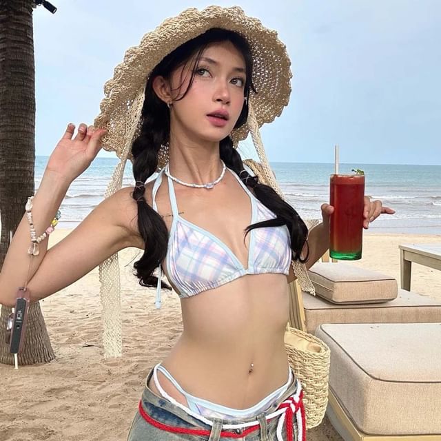 Komorkowe-Set Halter Neck Plaid Bikini Bottom