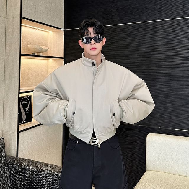 Orungeetun-Stand Collar Plain Zip Puffer Jacket