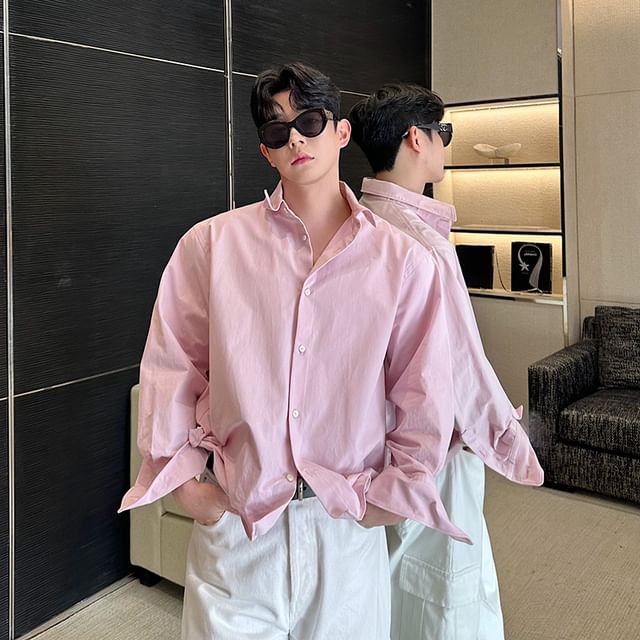 Orungeetun-Long Sleeve Collared Plain Shirt