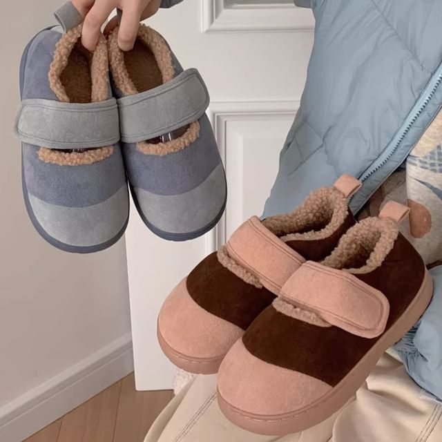 Honkizz-Adhesive Strap Color Block Fleece-Lined Slip-Ons