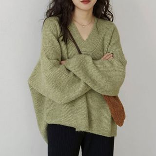 Roah-V-Neck Plain Oversized Sweater