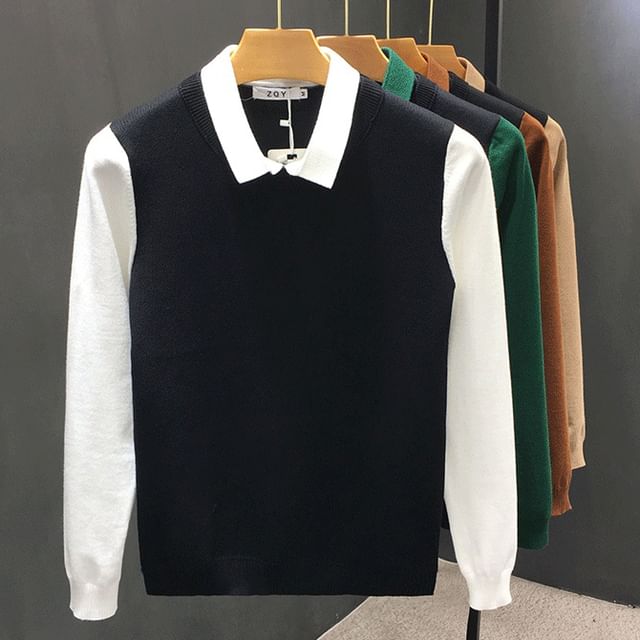 Phoneus-Mock Two-Piece Two Tone Collared Sweater