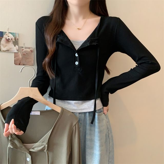 Cossita-Mock Two-Piece Long-Sleeve Two-Tone Tee