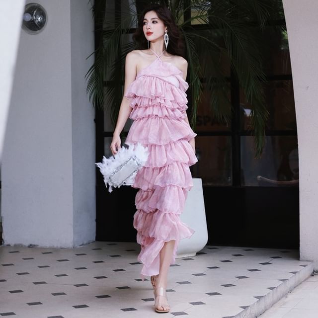 JVL-Halter Plain Ruffle Side-Slit Maxi Sheath Dress