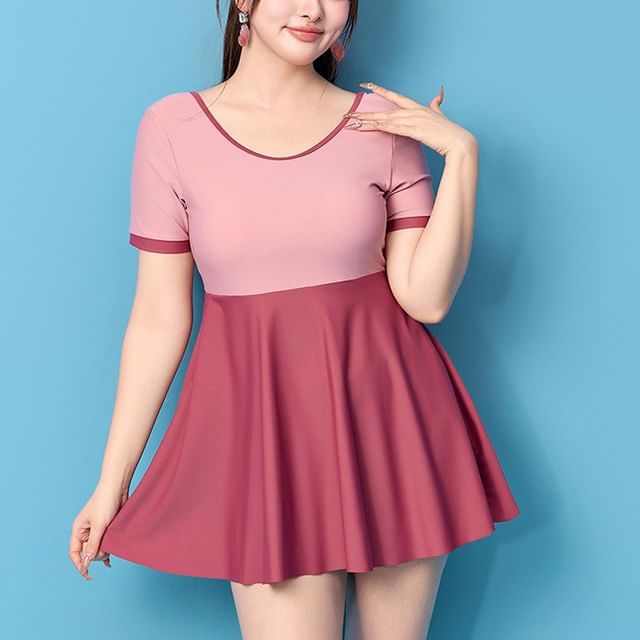 CUCURBIT-Plus Size Two-Tone Swim Dress