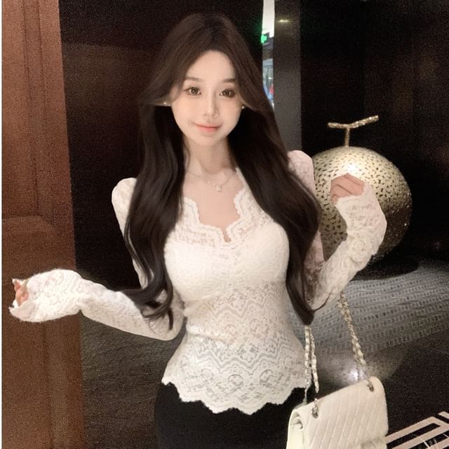 Whoosh-Long Sleeve V-Neck Plain Lace Top