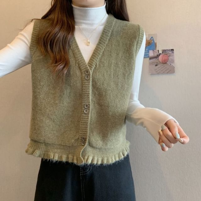 Sisyphi-V-Neck Plain Single-Breasted Sweater Vest