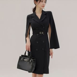 Yilda Cape-Sleeve Lapel Collar Plain Double-Breasted Sheath Coat Dress Sale