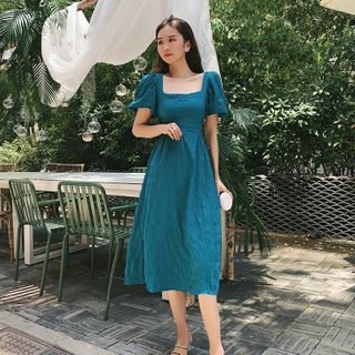 Lydiah - Open Back Puff-Sleeve Midi A-Line Dress | YesStyle