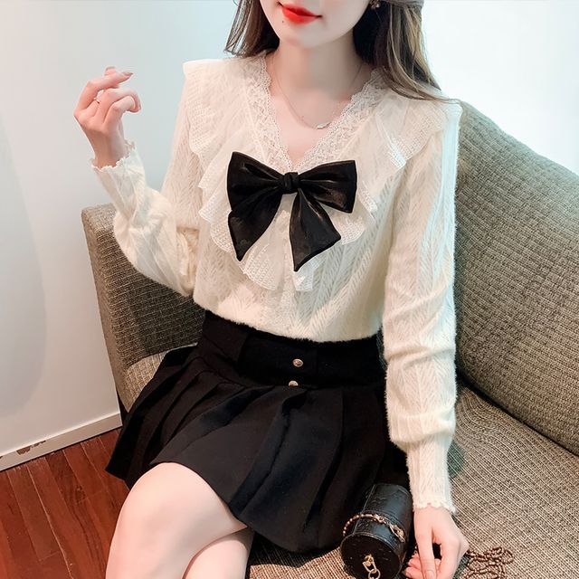 Meowko - Long-Sleeve Bow Lace Trim Blouse | YesStyle