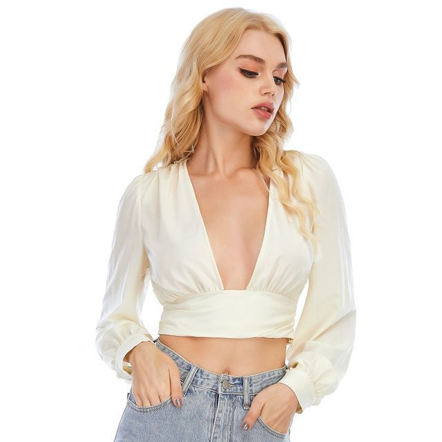 Lantern Sleeve Open-Front Ruched Crop 