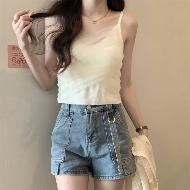 Maisee-V-Neck Plain Wrap Ruched Cami Top