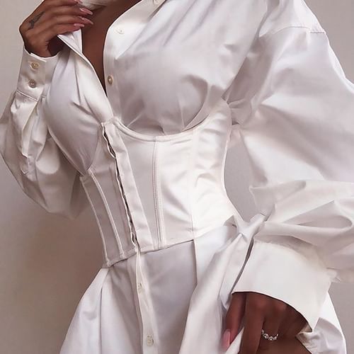 White Long Sleeve Underbust Corset Detail Shirt Dress