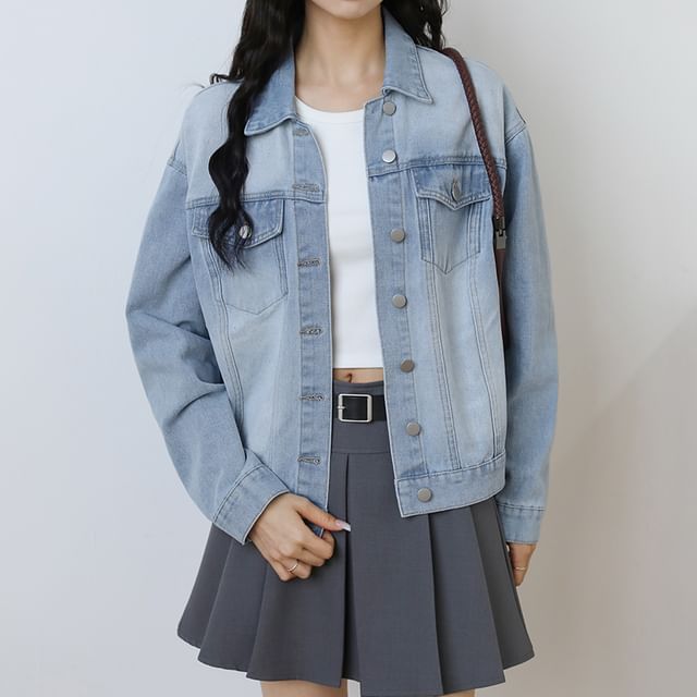 Magimomo-Collared Washed Button Denim Jacket