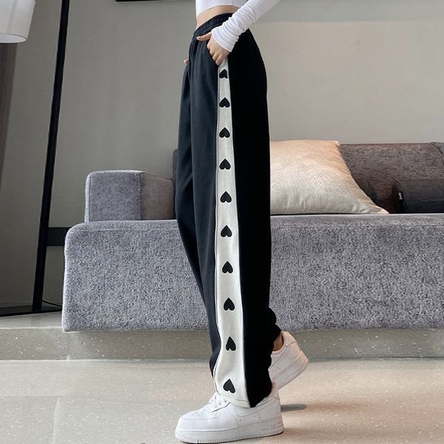 Heart Print Panel Side Zip Sweatpants