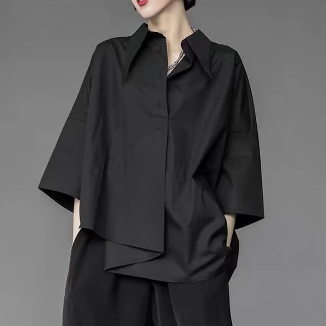SIMPLE BLACK-34-Sleeve Plain Asymmetrical Shirt