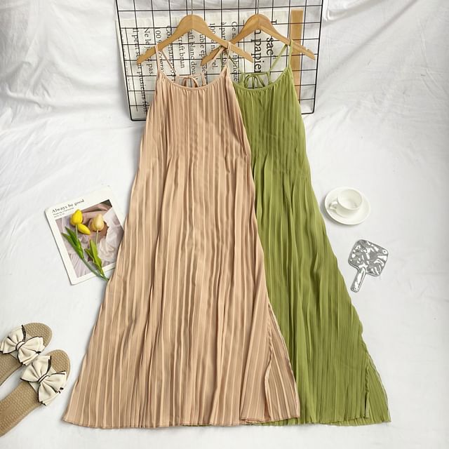 Iasia-Spaghetti Strap Plain Maxi Sundress