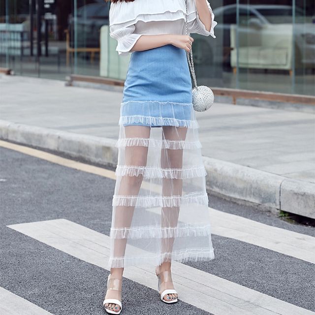 Everose-Mesh Panel Denim Skirt