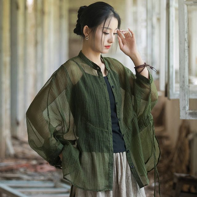 Lewwe-Stand Collar Plain Drawstring Waist Button-Up Sheer Oversized Blouse