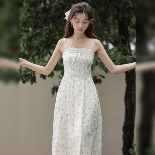 sansweet - Spaghetti Strap Floral Print Midi A-Line Dress / Plain