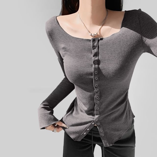 LIVIE-Long-Sleeve Round Neck Plain Button-Up Ribbed Tee