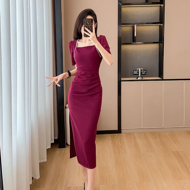 Tanzil - Short-Sleeve Square-Neck Plain Midi Sheath Dress | YesStyle