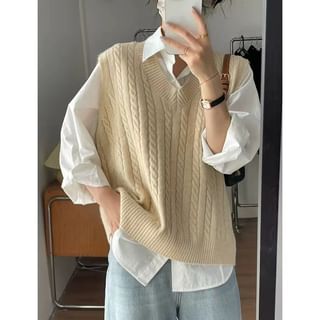 Shinsei V Neck Sweater Vest Collared Plain Shirt