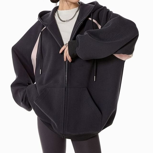 Bolgivy-Raglan-Sleeve Two Tone Drawstring Zip Hoodie