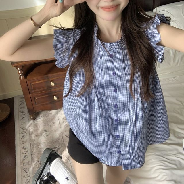 monroll-Sleeveless Ruffled Gingham Blouse