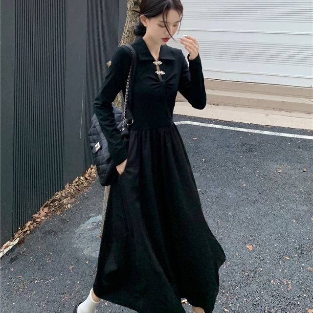 Long-Sleeve Frog-Button Midi Dress Long-Sleeve Frog-Button Midi Dress
