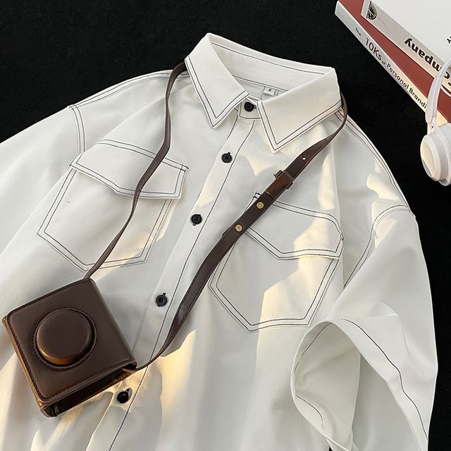 Whyessa-Short-Sleeve Contrast Stitched Button-Up Shirt