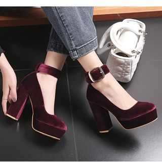 Freesia-Buckled Ankle Strap Chunky Heel Pumps