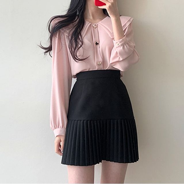 Leoom-Collared Blouse Accordion Pleat Mini A-Line Skirt