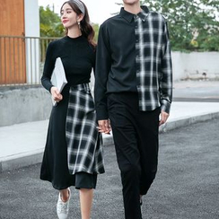 Staan - Couple Matching Mock-Neck Long-Sleeve T-Shirt / Plaid Panel Shirt / Midi A-Line Skirt