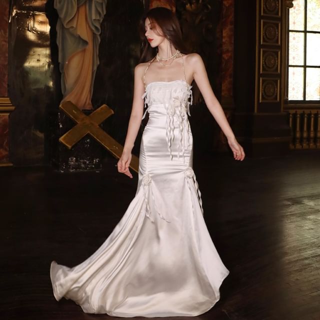 navy blue dress for baby girl Ivory Satin Simple A-line V-neck Wedding Dresses, Elegant Bridal Gown, MW545 main image 1