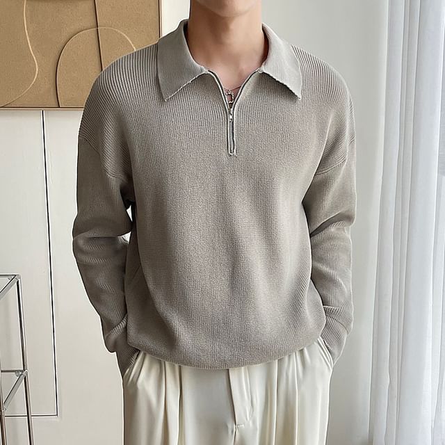 Loansk-Collared Half Zip Plain Sweater
