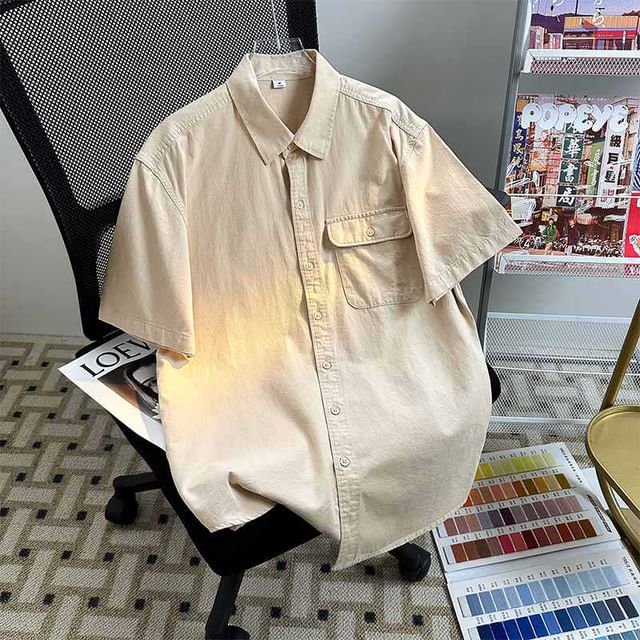 Whyessa-Short-Sleeve Plain Button-Up Shirt