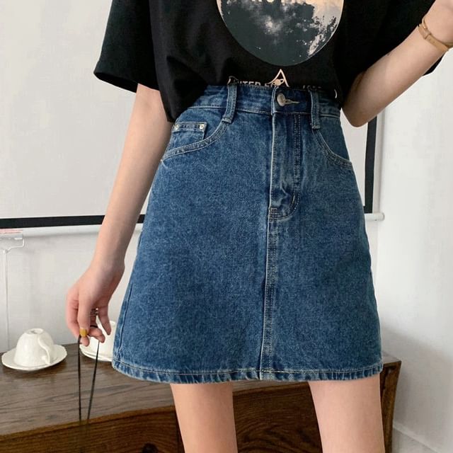 Sienne - High Waist Washed Mini A-Line Denim Skirt | YesStyle