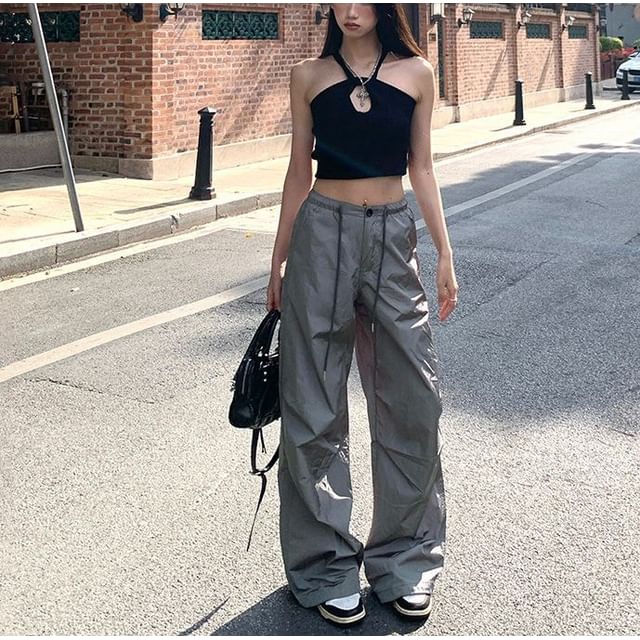 Denimot-Drawstring Waist Plain Baggy Pants Various Designs
