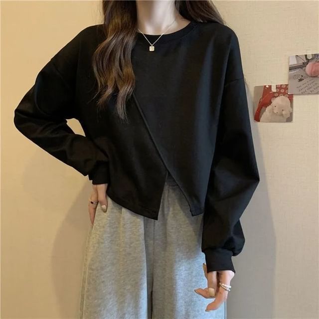 Sisyphi-Crew Neck Plain Asymmetrical Sweatshirt